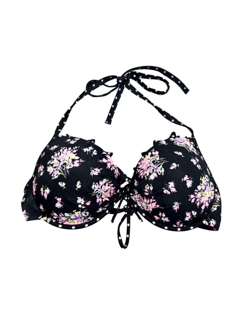 Victoria's Secret Black Floral Halter Bikini Top 36C Ruffle Polka Dot Trim